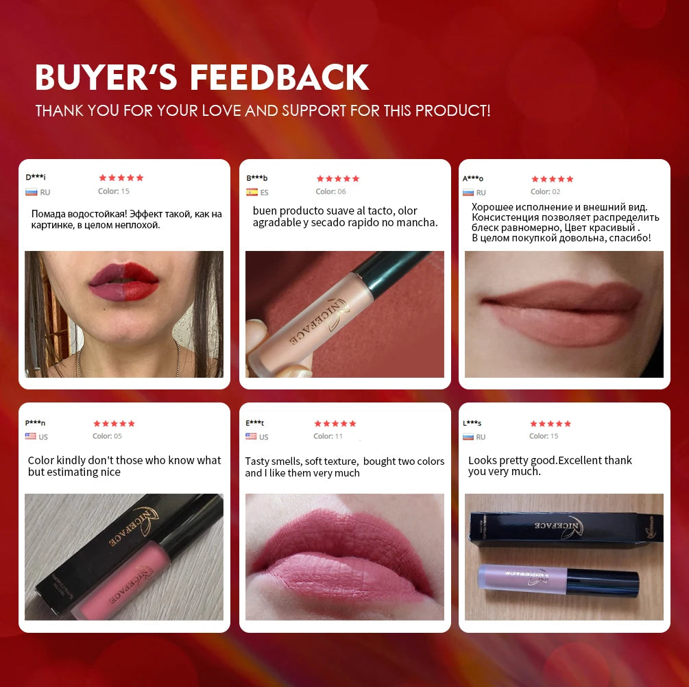 NICEFACE Matte Liquid Lipstick Waterproof Long Lasting Lip Gloss Tint Sexy Red Nude Purple Metallic Lipsticks Makeup Cosmetics - Clikcy