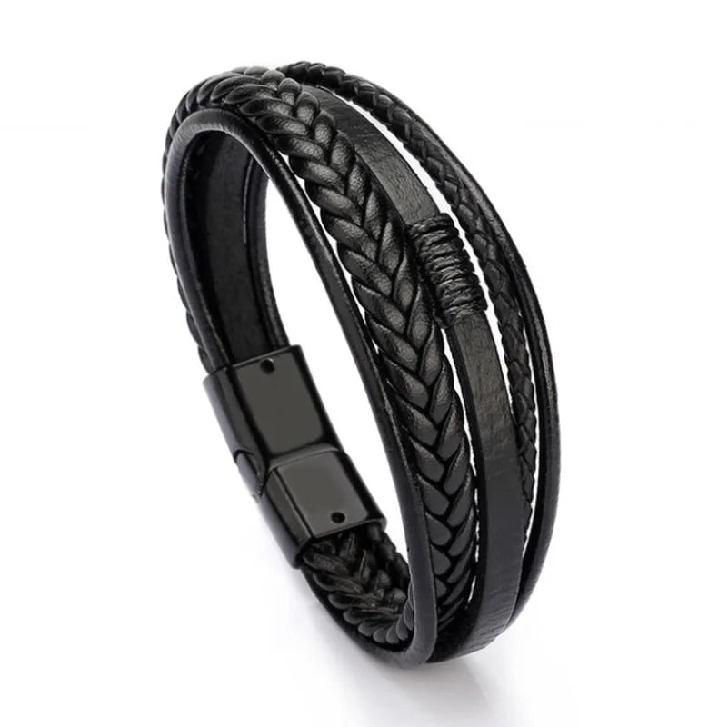 Classic Black Multilayer Leather Bracelet Men Casual Punk Party Jewelry Male Hand Band Gift - Clikcy
