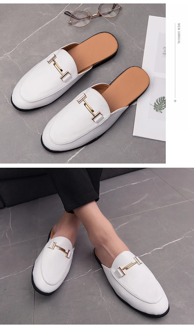White Slip on Shoes Men Mules Leather Shoes Man Classic Black Half Shoes for Men 2025 Mules Homme Chaussure Homme Mule Masculino