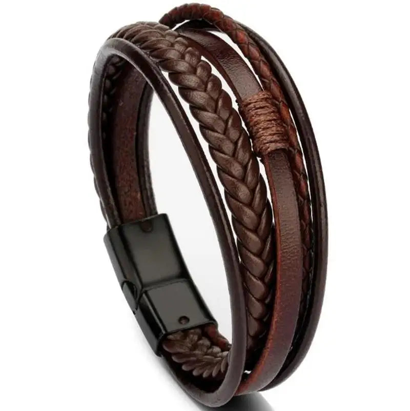 Classic Black Multilayer Leather Bracelet Men Casual Punk Party Jewelry Male Hand Band Gift - Clikcy
