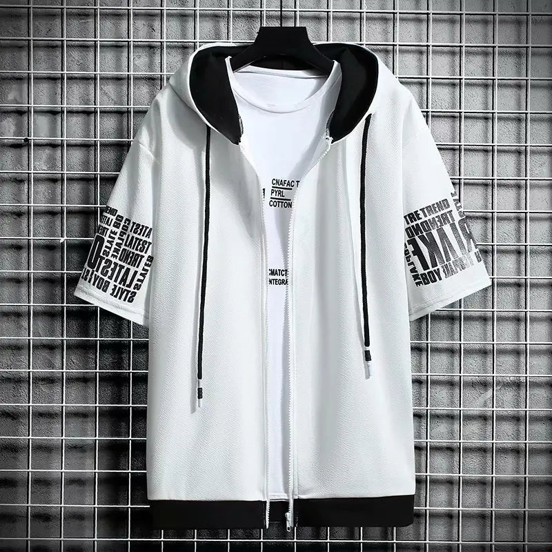 Japan Style Men's Hoodies Fashion Streetwear Short Sleeve Hooded Sweatshirts Men Casual Harajuku Prints Men Clothing Hoodies - Clikcy