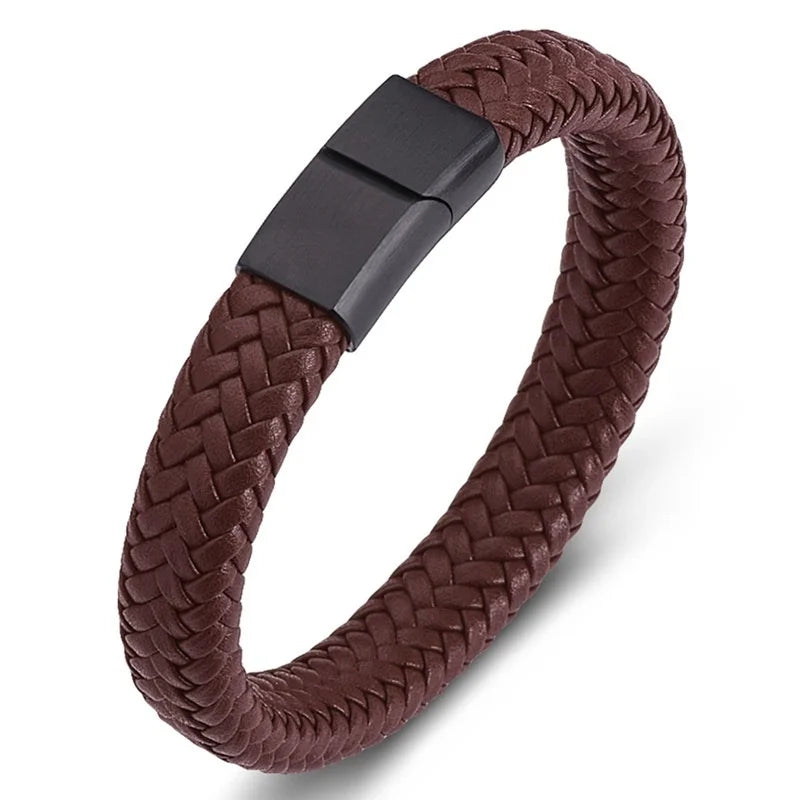 Punk Brown Braided Leather Bracelet for Men High Quality Jewelry Metal Magnetic Clasp Bracelet Male Gift - Clikcy