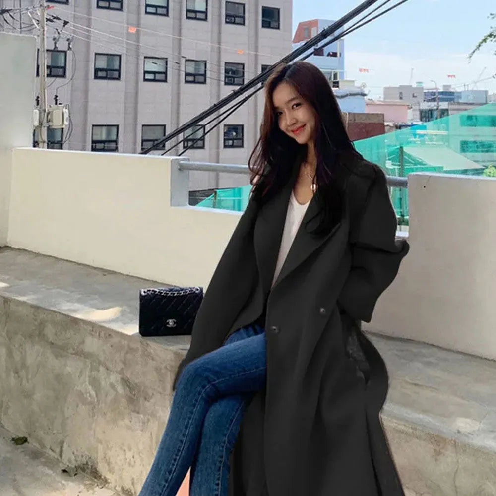 2023 Korean Style Women Long Woolen Blends Jacket Casual Cardigan Coats Fashion Autumn Overcoat Lady Wool Coat Warm Pink Outwear - Clikcy