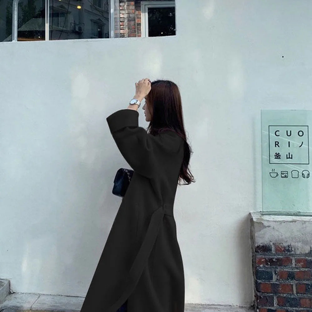 2023 Korean Style Women Long Woolen Blends Jacket Casual Cardigan Coats Fashion Autumn Overcoat Lady Wool Coat Warm Pink Outwear - Clikcy