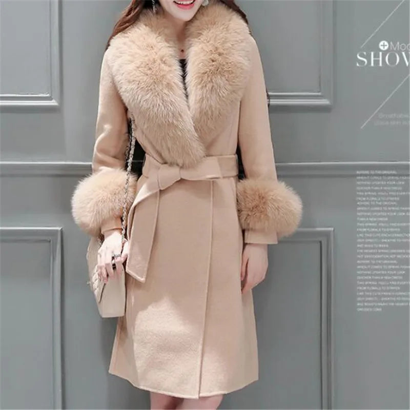 2025 Autumn Winter High End Fashion Coat Slim Was Thin Woolen Coat Faux Fur Fur Collar Slim Was Thin Mid-length Coat Women Coat - Clikcy