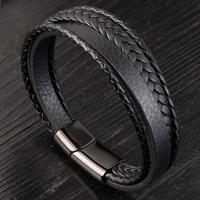 Trendy Genuine Leather Bracelets Men Stainless Steel Multilayer Braided Rope Bracelets for Male Female Bracelets Jewelry - Clikcy