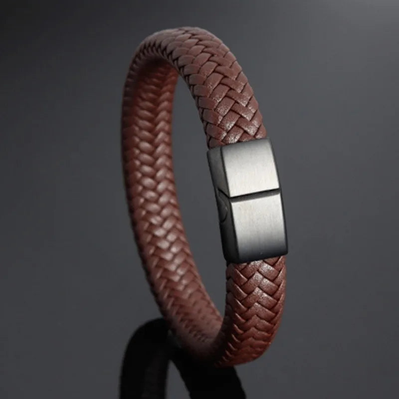 Punk Brown Braided Leather Bracelet for Men High Quality Jewelry Metal Magnetic Clasp Bracelet Male Gift - Clikcy
