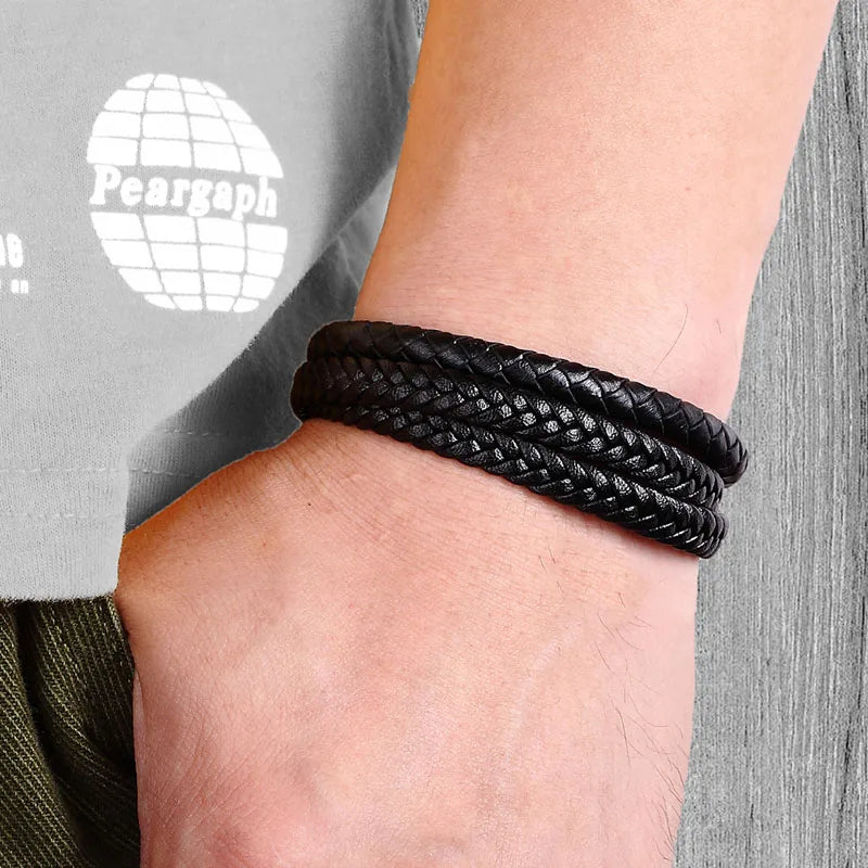 Trendy Genuine Leather Bracelets Men Stainless Steel Multilayer Braided Rope Bracelets for Male Female Bracelets Jewelry - Clikcy