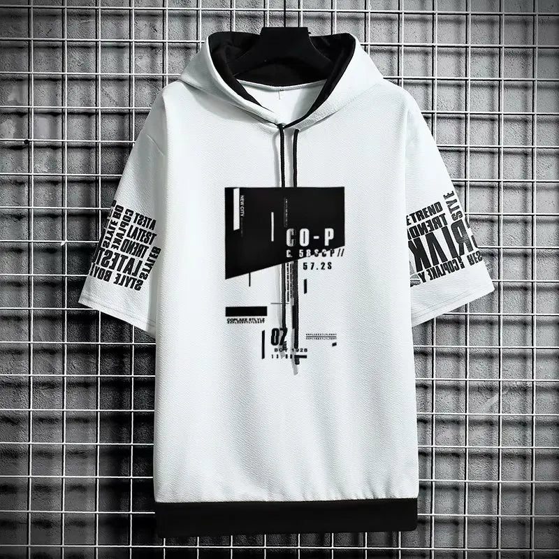New Korean Style Men's Hoodies Fashion Streetwear Half Sleeve Hooded Sweatshirts Men Casual Harajuku Prints Men Clothing Hoodies - Clikcy