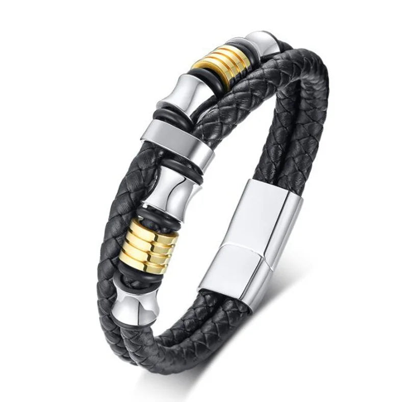Classic Black Multilayer Leather Bracelet Men Casual Punk Party Jewelry Male Hand Band Gift - Clikcy
