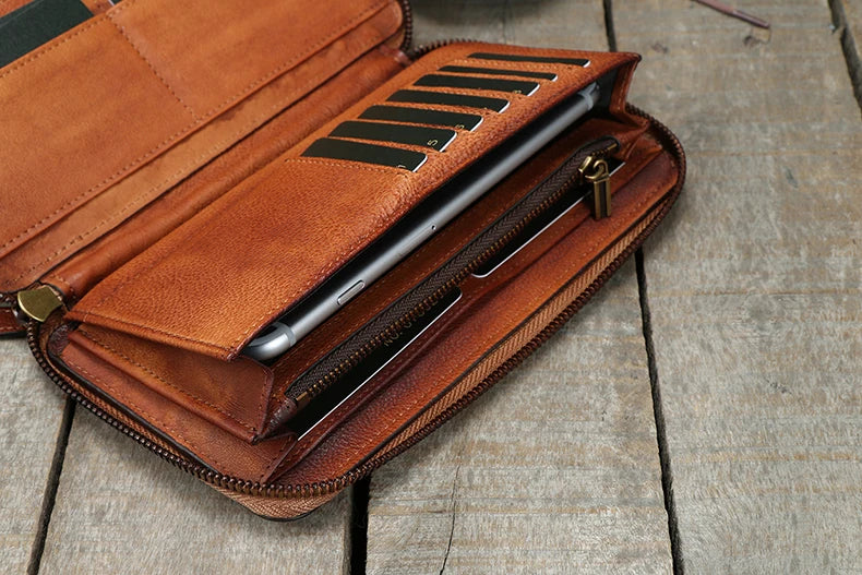 Vintage Genuine leather wallet Men leather long wallet men purse clutch bag male money clips zip around money bag card holder - Clikcy