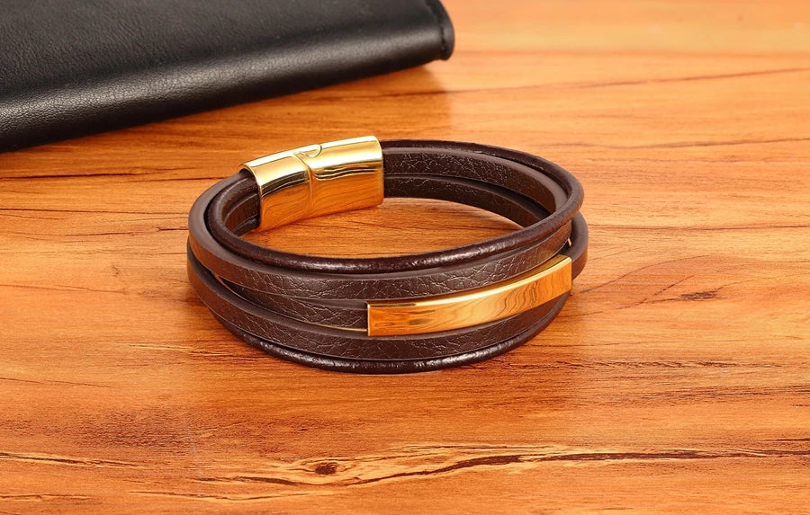 XQNI Geometric Stainless Steel Accessories Combination Leather Men's Bracelet Classic Multi-layer Luxury Style For Handsome Gift - Clikcy