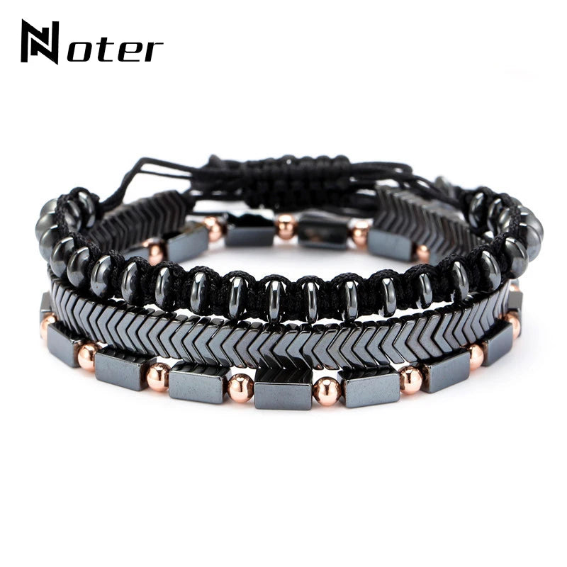 Noter 3pcs/set Mens Bracelet Set Braided Rope Braslet Natural Hematite Braclet Stone Adjustable Male Charm Brazalete Accessories - Clikcy