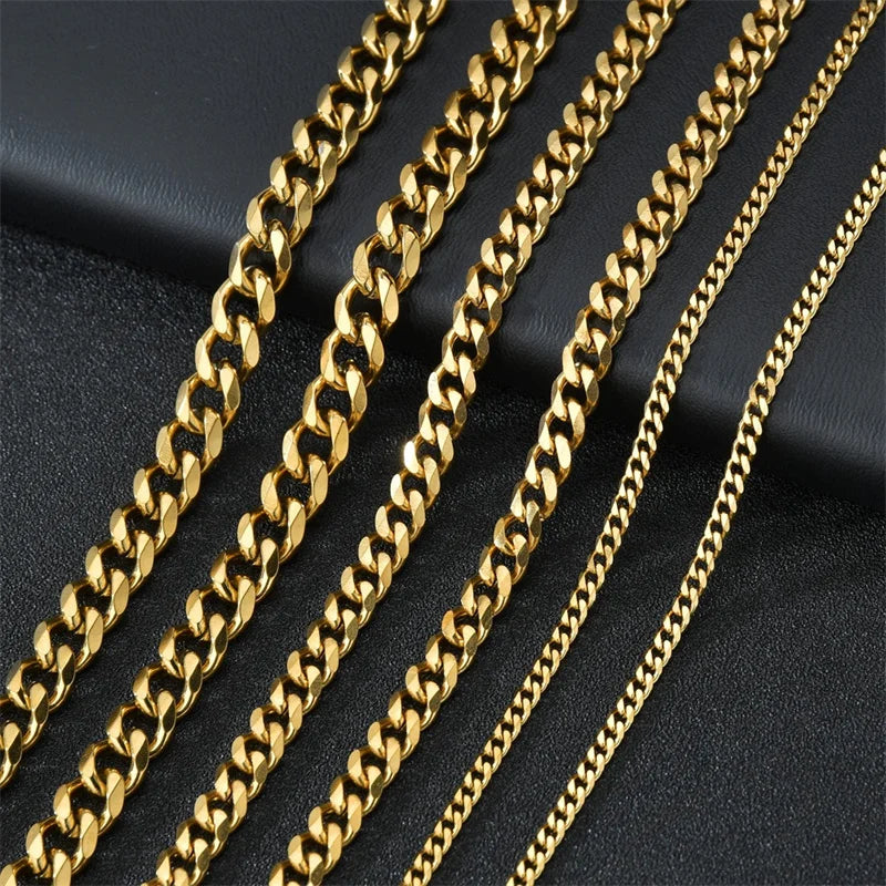 Basic Punk Stainless Steel 3,5,7mm Curb Cuban Necklaces For Men Women Black Gold Color Link Chain Chokers Solid Metal Jewelry - Clikcy