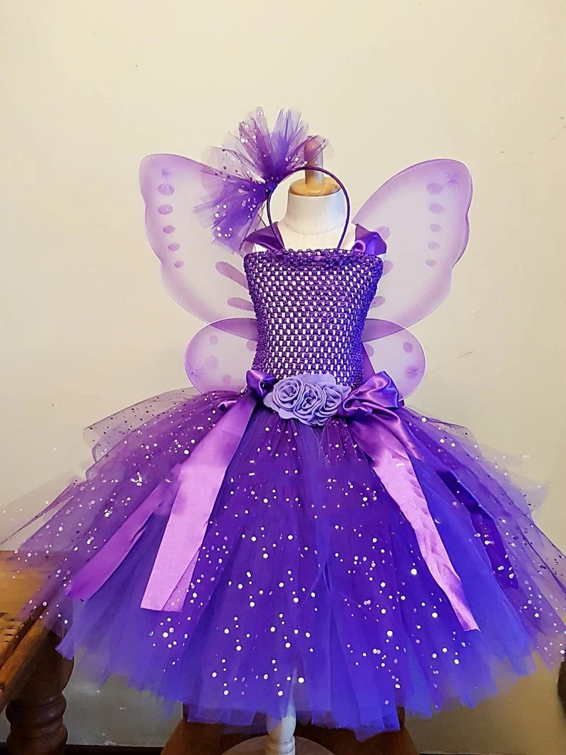 Girls Purple Butterfly Flower Tutu Dress Kids Glitter Tulle Dress Ball Gown with Wing Children Birthday Party Costume Dresses - Clikcy
