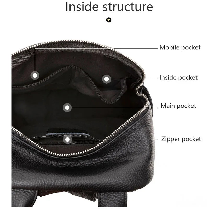 ZENCY Genuine Cow Leather Silver Metal Hardware Women Black White Color Backpacks Young Girl First Layer Cowhide Shooping Bag - Clikcy