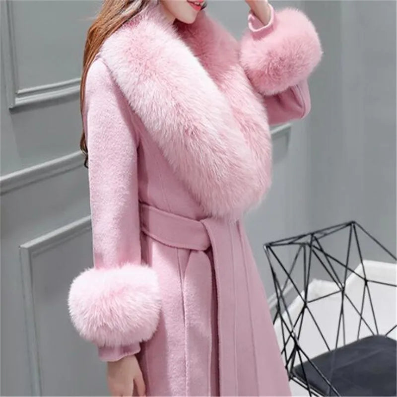 2025 Autumn Winter High End Fashion Coat Slim Was Thin Woolen Coat Faux Fur Fur Collar Slim Was Thin Mid-length Coat Women Coat - Clikcy