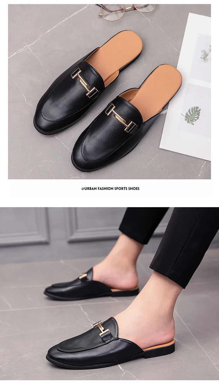 White Slip on Shoes Men Mules Leather Shoes Man Classic Black Half Shoes for Men 2025 Mules Homme Chaussure Homme Mule Masculino