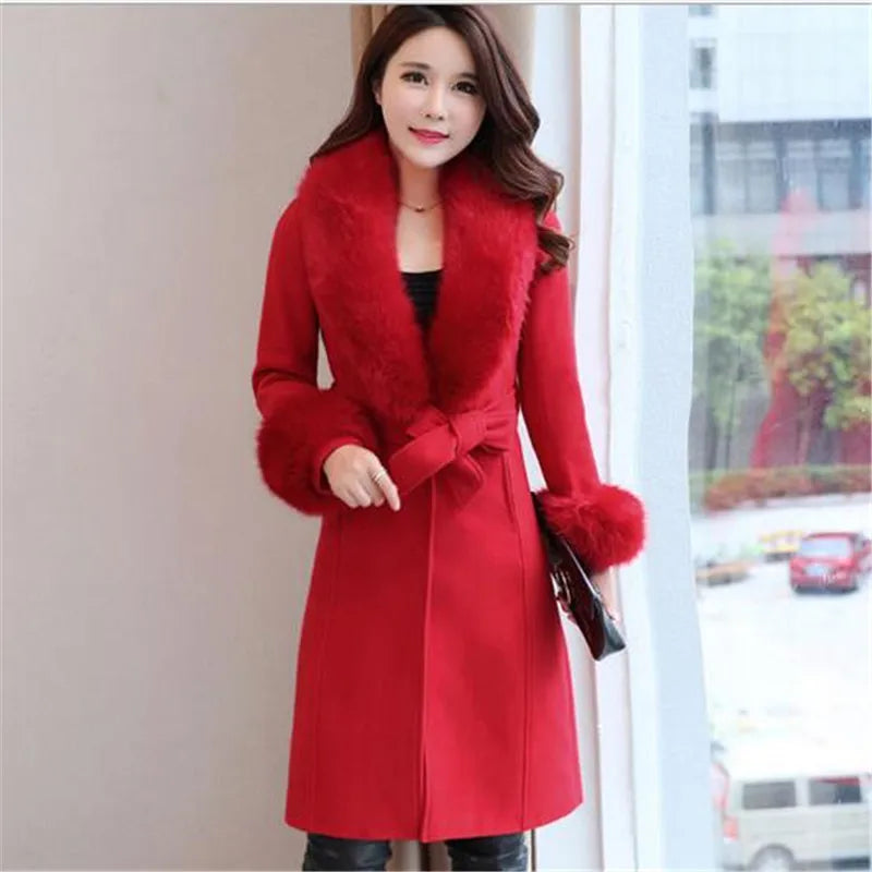 2025 Autumn Winter High End Fashion Coat Slim Was Thin Woolen Coat Faux Fur Fur Collar Slim Was Thin Mid-length Coat Women Coat - Clikcy