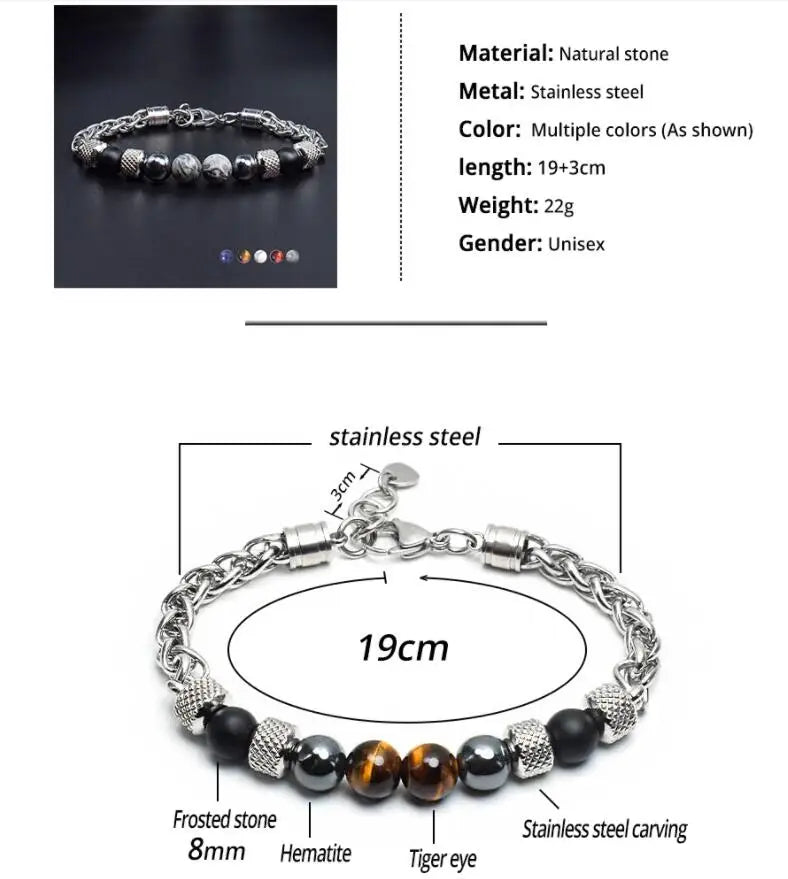Elviragirl Natural Stone Beaded Bracelet For Women Men Stainless Steel Tiger Eye Bracelets Male Jewelry Size Adjustable - Clikcy