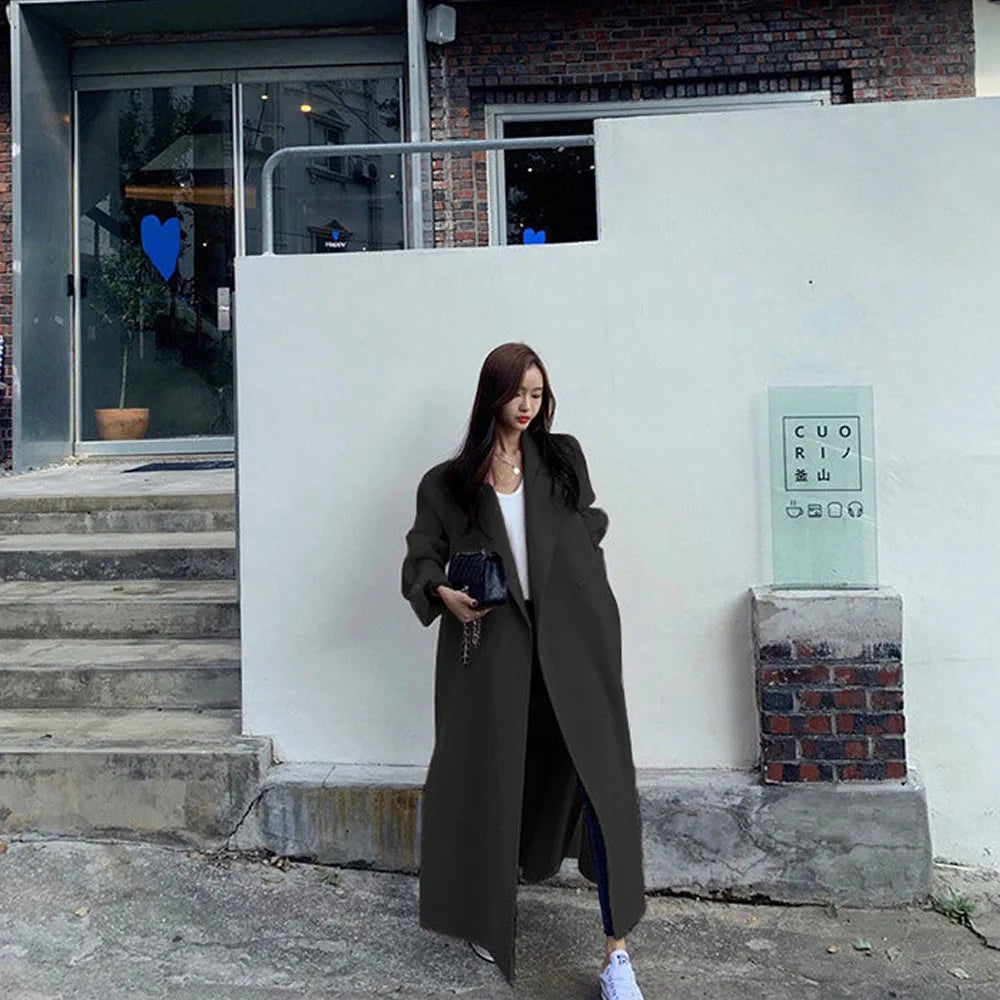 2023 Korean Style Women Long Woolen Blends Jacket Casual Cardigan Coats Fashion Autumn Overcoat Lady Wool Coat Warm Pink Outwear - Clikcy