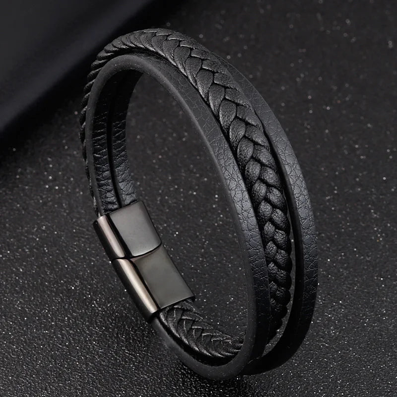 Trendy Genuine Leather Bracelets Men Stainless Steel Multilayer Braided Rope Bracelets for Male Female Bracelets Jewelry - Clikcy