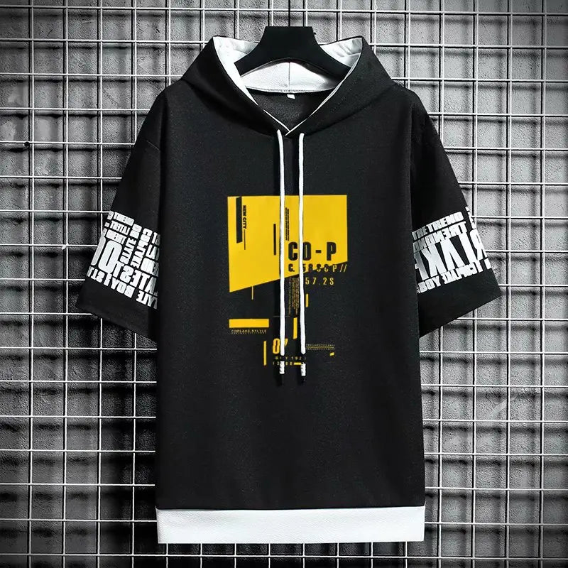 Japan Style Men's Hoodies Fashion Streetwear Short Sleeve Hooded Sweatshirts Men Casual Harajuku Prints Men Clothing Hoodies - Clikcy