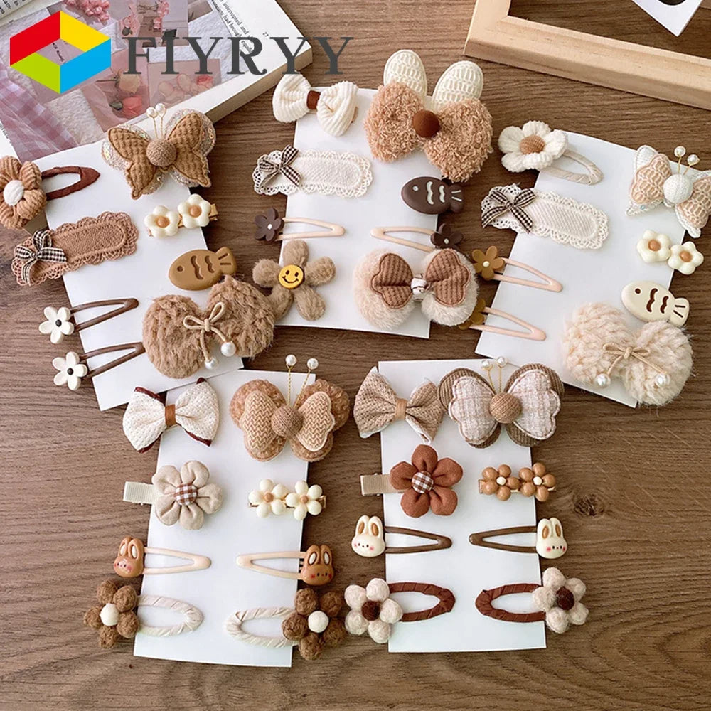 8pcs/set Sweet Girl Hair Clip Cartoon Bear Floral Bowknot Hair Pin for Toddler Girls Lovely Beige Coffee Color Kid baby Headwear - Clikcy