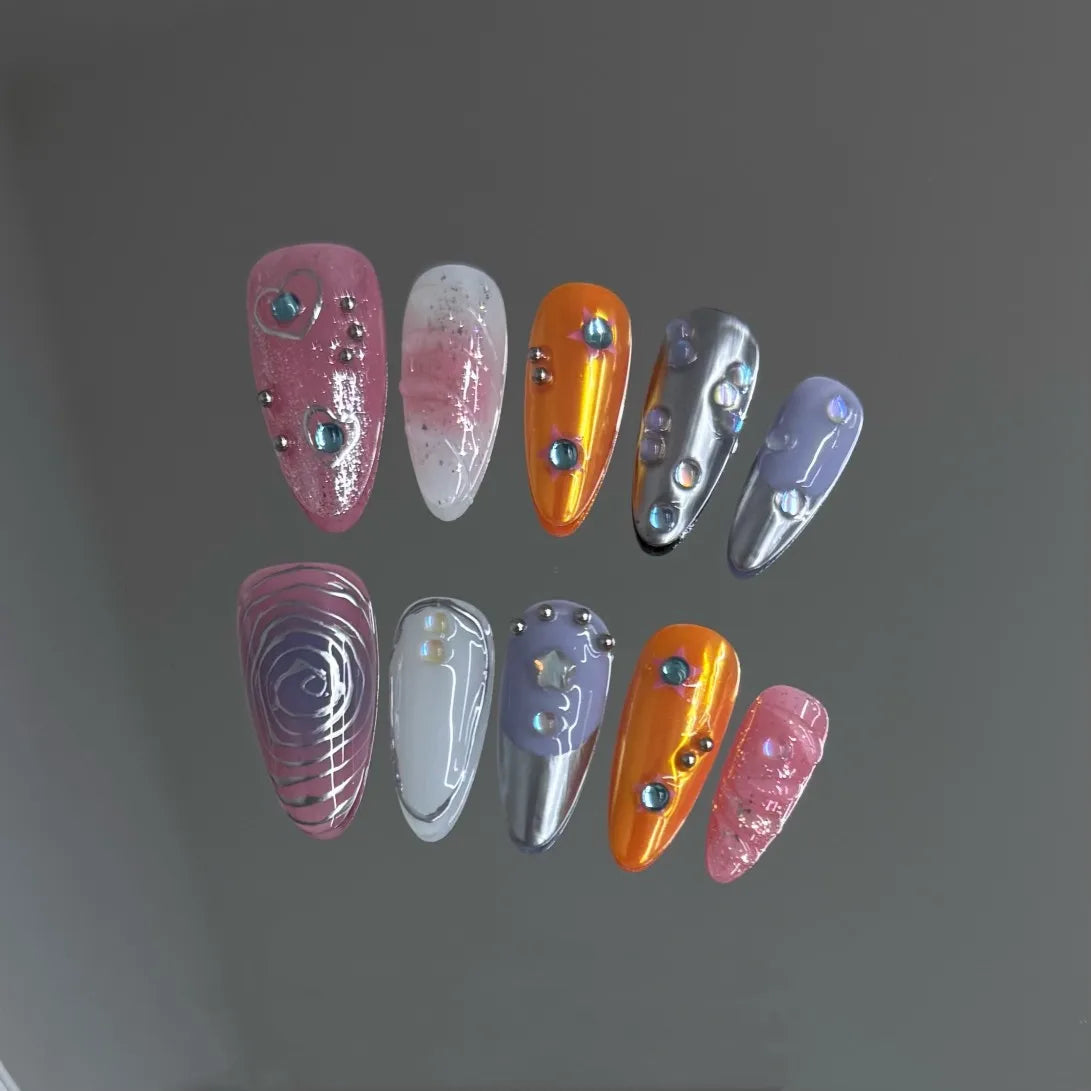 10pcs Handmade Press on Nails Sweet Cool Aurora Butterfly Star Fake Nail Tips Wearable Summer Spice Girls Almond False Nails - Clikcy