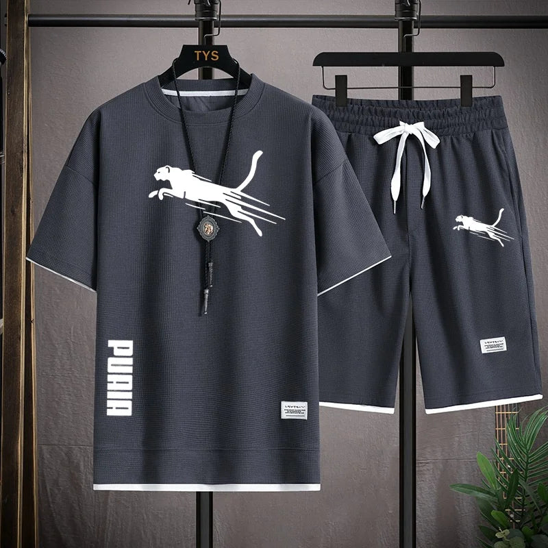 summer new men's sportswear fitness set running suit casual T-shirt+shorts set breathable jogging sportswear 2-piece set for men - Clikcy