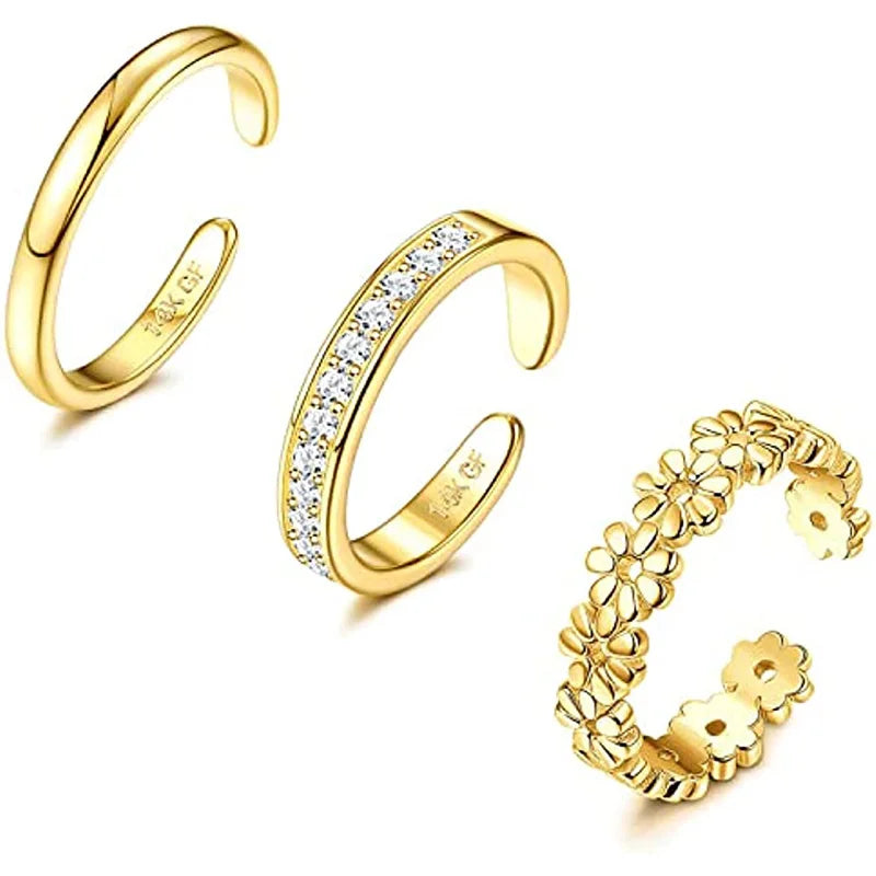 3PCS Filled Toe Rings Set for Women 14K Gold Plating Adjustable Simple CZ Flower Ring Summer Beach Jewelry - Clikcy