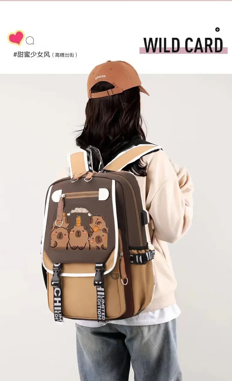Stylish Kawaii Capybara Computer Backpack College School Casual Daypack Teens Bag Large Capacity Adjustable Strap Schoolbag - Clikcy