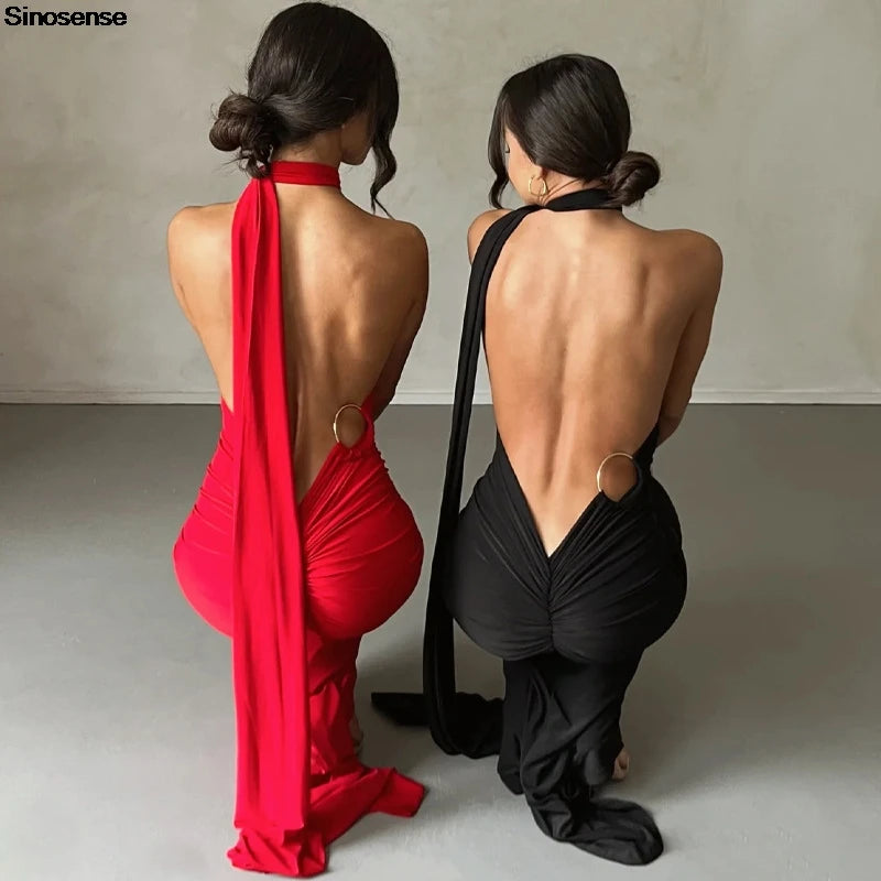 Womens Elegant Evening Party Cocktail Long Dress Sexy Backless Open Back Ruched Slim Bodycon Formal Wedding Guest Maxi Dress - Clikcy