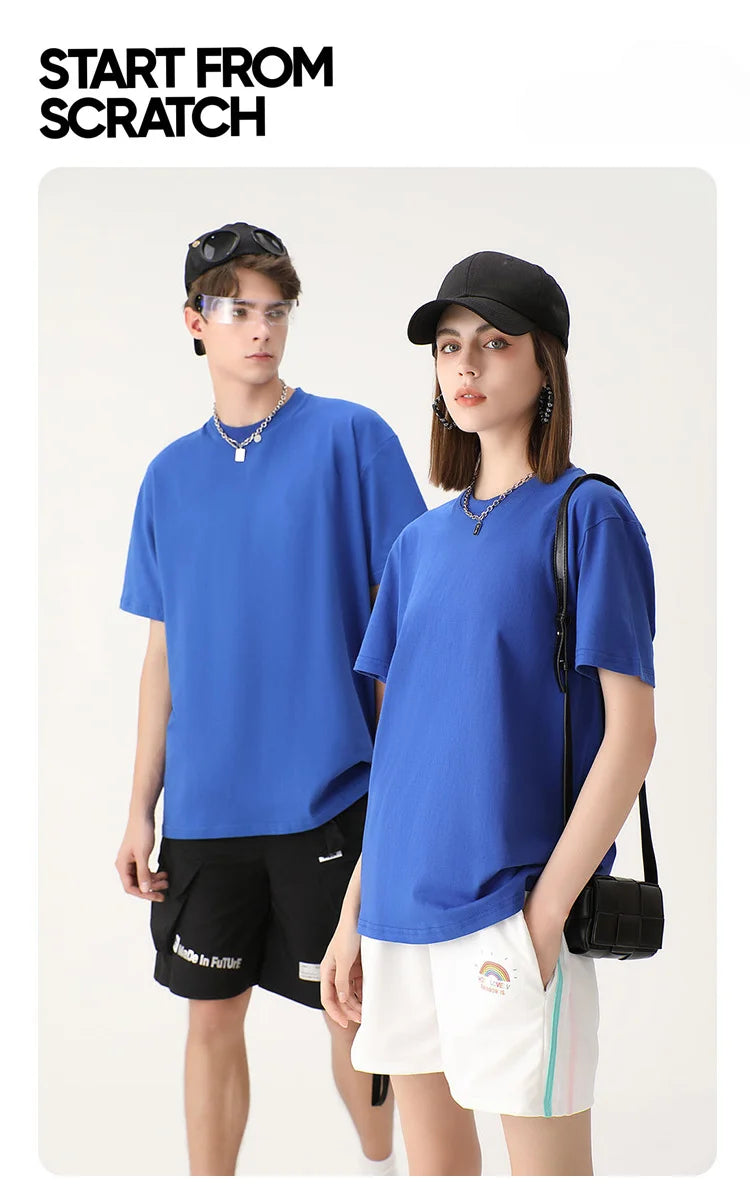 Heavyweight round neck pure cotton short sleeved t-shirt loose solid color white t men's and women's bottom shirt solid color - Clikcy