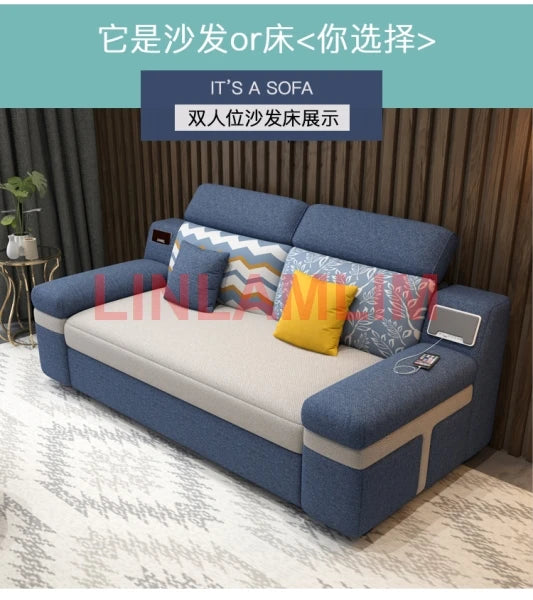 Tech Smart Sofa Bed Fabric Functional Sleeper Couch Convertible Sofas Bed Big Sofas Cama Nordic Salon with Bluetooth Audio,USB C