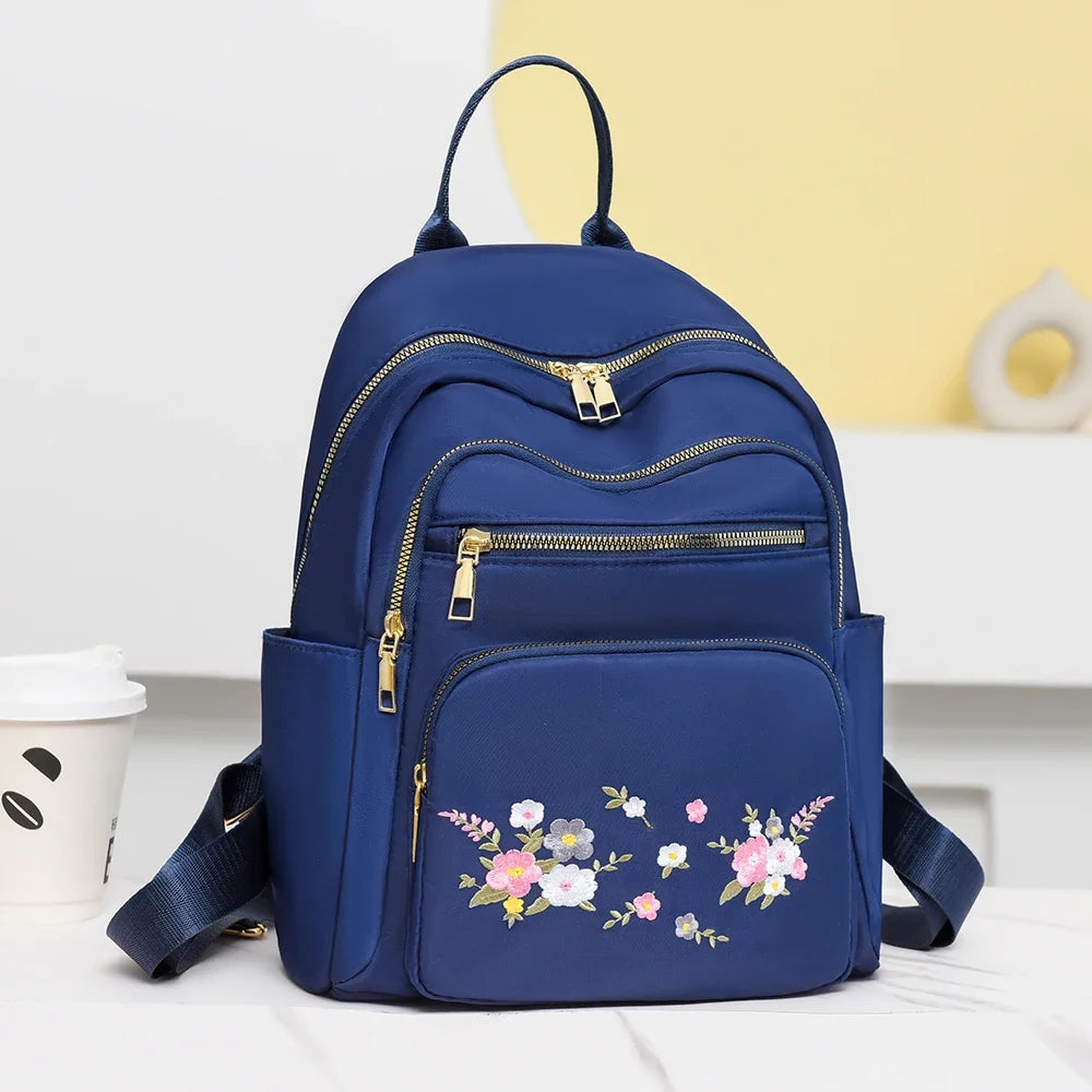 Fashion Nylon Backpack For Women Embroidery Design Student School Bag Leisure Travel Rucksack Popular Girl Commuting Sac A Dos - Clikcy