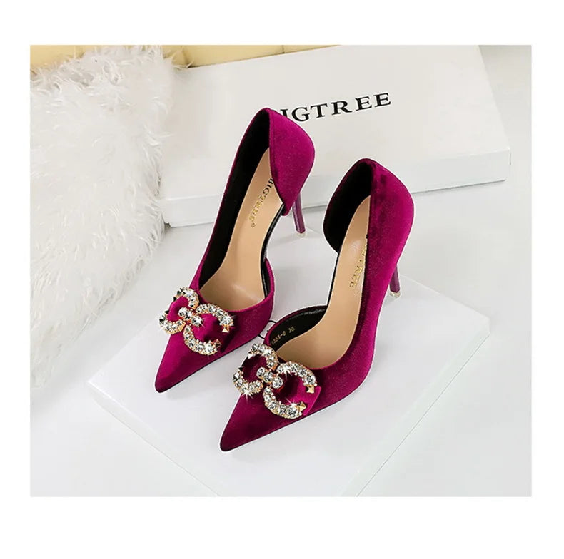 Fashion Women High Heel Rhinestone Buckle Bow Green Pink Pointed Toe Party Pumps Velvet Luxury Elegant Wedding Evening Shoes - Clikcy
