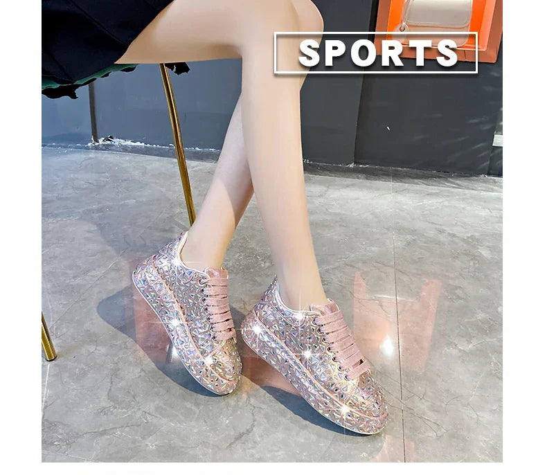 2025 Autumn Leather Women Shoes New Style Fashion Platform Shoes Ins Platforms Sneakers Tide Shine Bling Rhinestone Shoes - Clikcy