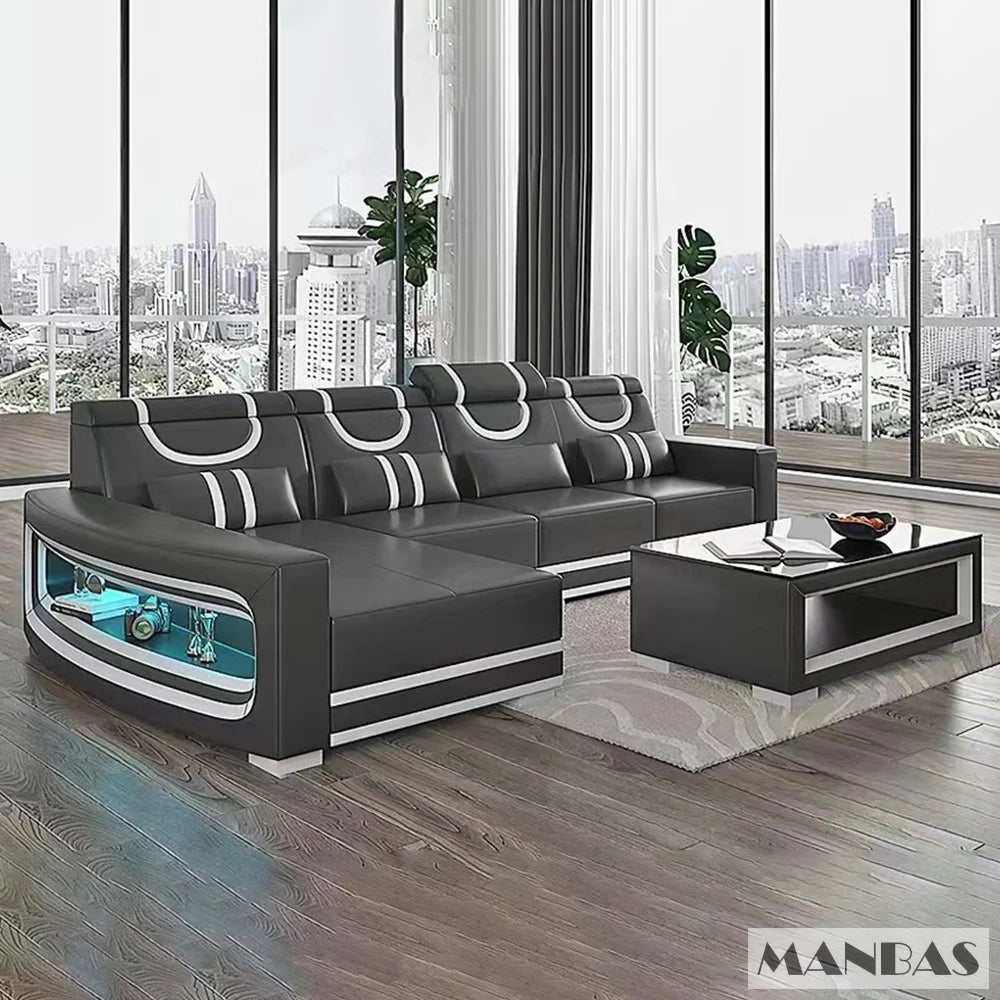 Upgrade Your Living Room with MANBAS Italian Genuine Leather Sofa - 2 Colors Combination, LED Light & Soft Cushions - Clikcy