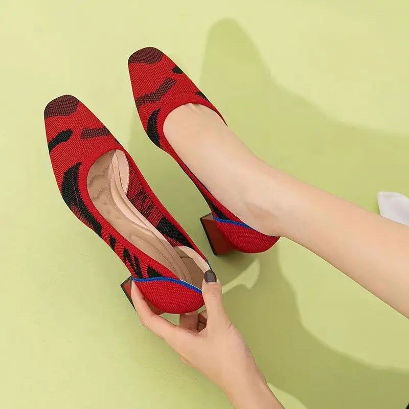 Large high-heeled shoes 42/43/41 women's shoes knitted fashionable breathable non-slip beautiful color matching spring and autum - Clikcy