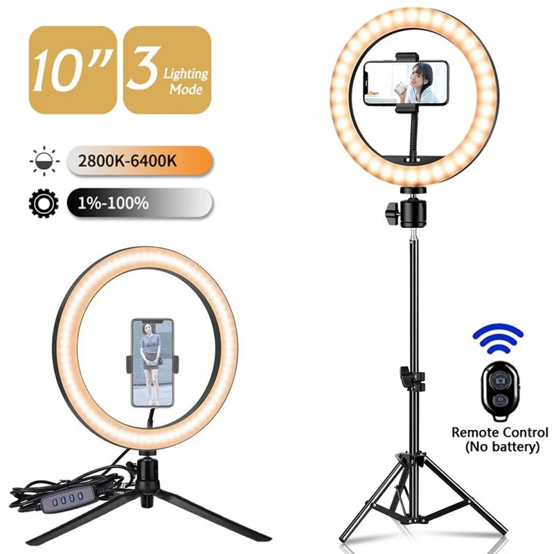 10inch LED Selfie Ring Light Circle Fill Light Dimmable Round Lamp Makeup Photography RingLight with Phone Holder Tripod Stand - Clikcy