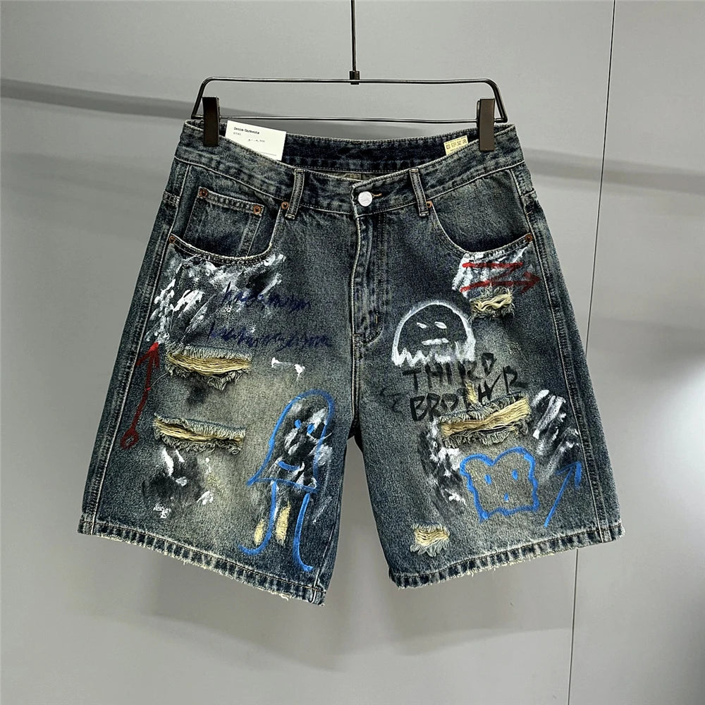 Mens Summer Ripped Distressed Denim Shorts 5 Inch Korean Style Streetwear Hip Hop Graffiti Skate Trendy Mid Blue jorts Male - Clikcy