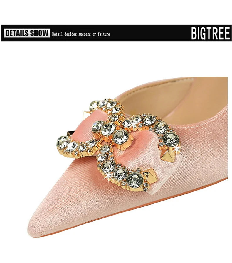 Fashion Women High Heel Rhinestone Buckle Bow Green Pink Pointed Toe Party Pumps Velvet Luxury Elegant Wedding Evening Shoes - Clikcy