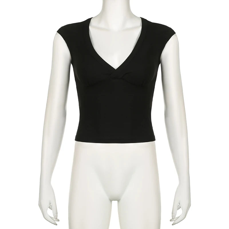 CIBBAR Sexy Deep V Neck Crop Top Women Basic Solid Tee Shirts 2024 Summer New Fashion T-shirts Vintage Clubwear Ladies Clothing - Clikcy