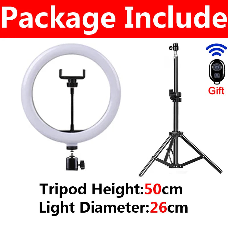 10inch LED Selfie Ring Light Circle Fill Light Dimmable Round Lamp Makeup Photography RingLight with Phone Holder Tripod Stand - Clikcy