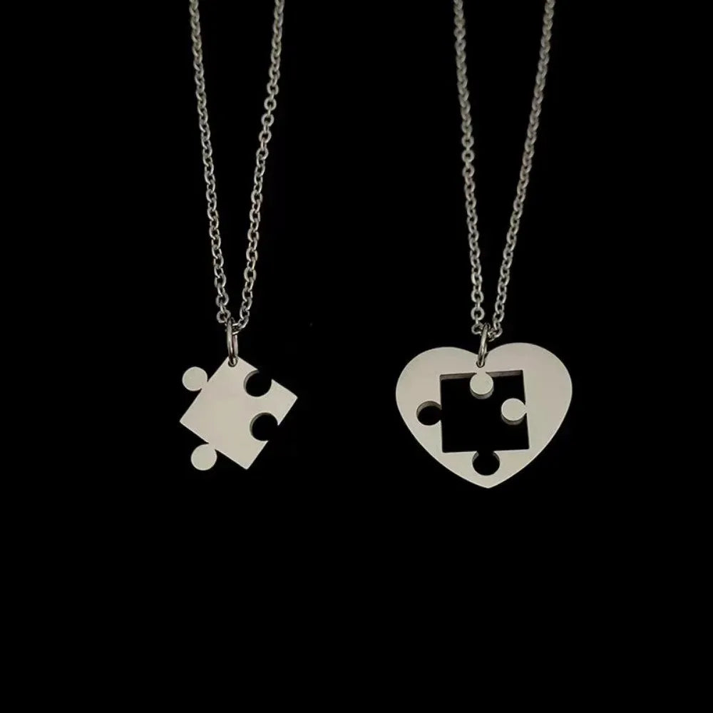 2Pcs/Set Simple Puzzle Heart Matching Pendant Couple Matching Necklace Couple Good Friends Ladies Men Hip Hop Sweater Chain - Clikcy