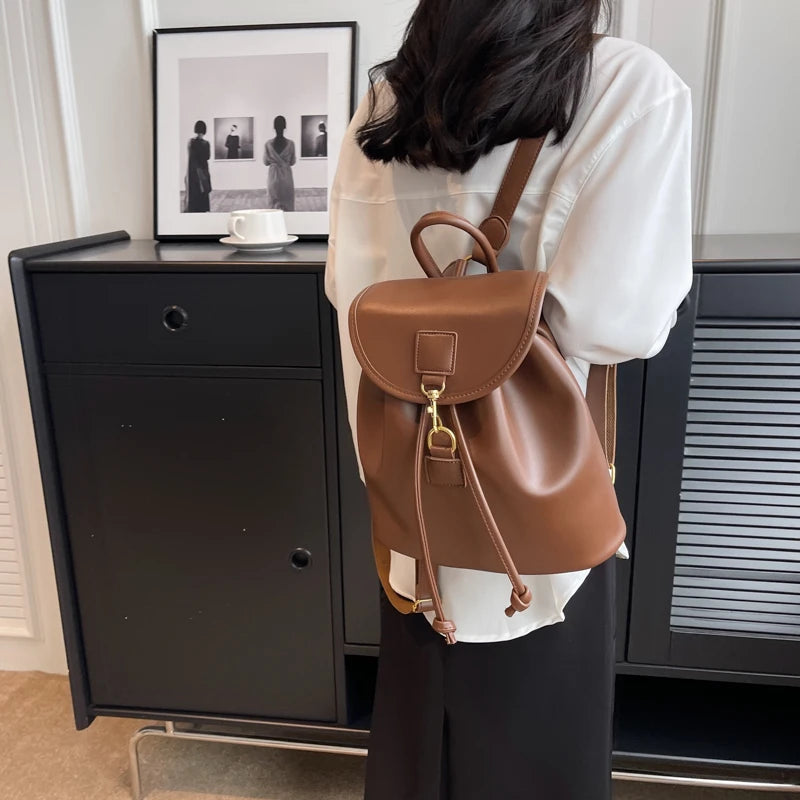 Genuine PU Leather Backpack Female Large Capacity Casual School Bag Solid Drawstring Travel Shoulder Bag Korean Fashion Backpack - Clikcy