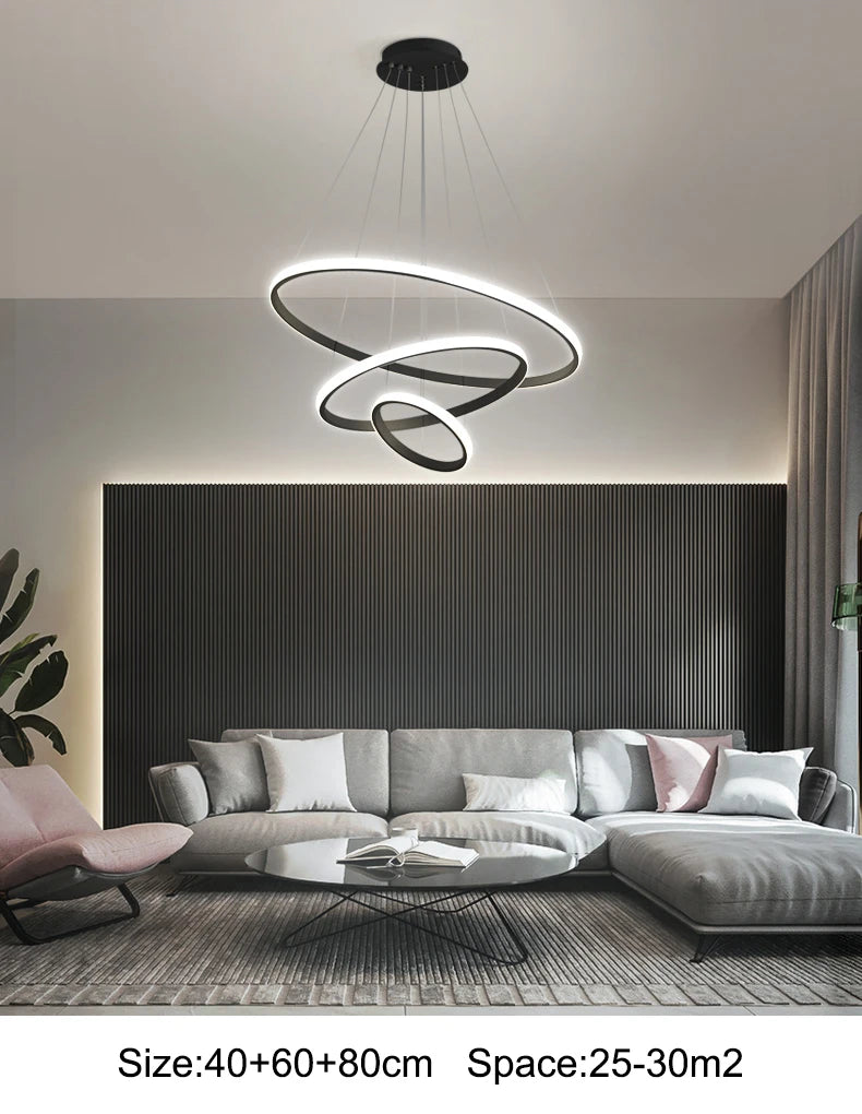 Modern Pendant Lamp Led Rings Circle Ceiling Hanging Chandelier Black Loft Living Dining Room Kitchen Indoor Lighting Fixture - Clikcy