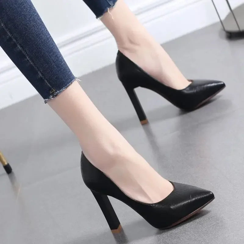Women's Fashion High Heels 2025 New Style Versatile Thick Heel Pointed Toe Low Cut Shoes Comfortable PU Leather Casual Shoes - Clikcy
