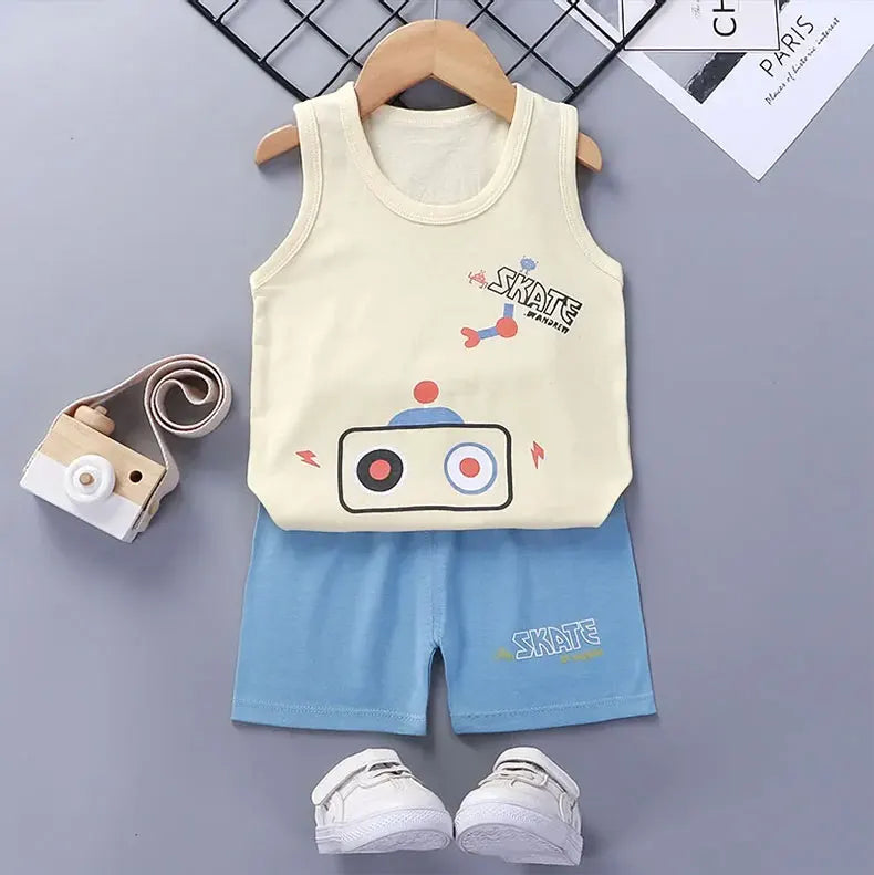 Children Sets Kids Clothes Boys Girls Vest Suit  Summer Children's Clothing baby Cotton T-Shirts Shorts Tank Top Sleeveless - Clikcy